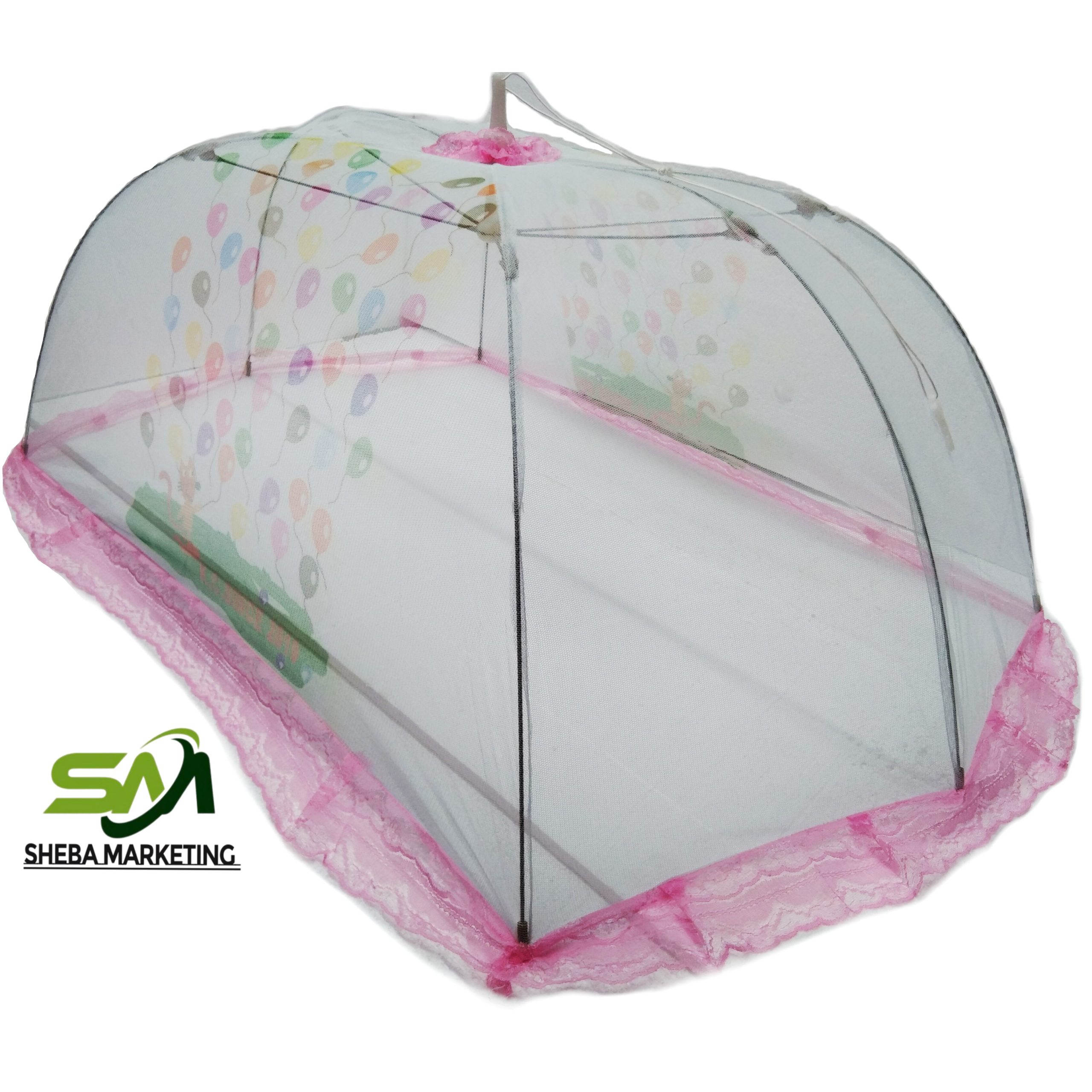162321323-picsay বাচ্চাদের মশার ছাতা নেট-(বেলুন প্রিন্ট) mosquito net – Light Pink - Image 1